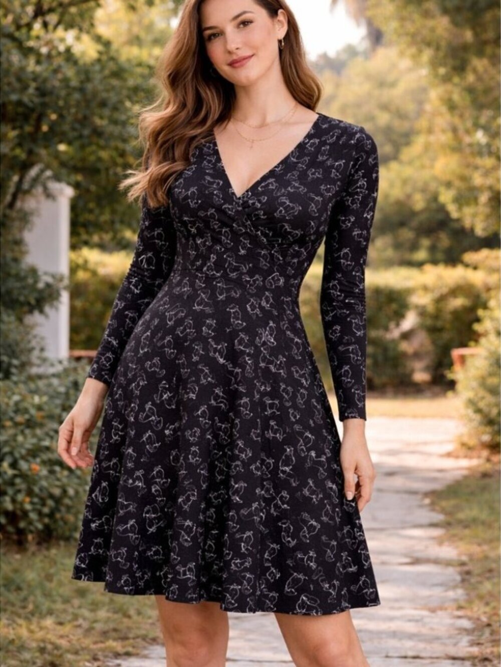 Effie's Heart Black Dachshund Weiner Dog Print Sarah Fit Flare Dress Sz Medium